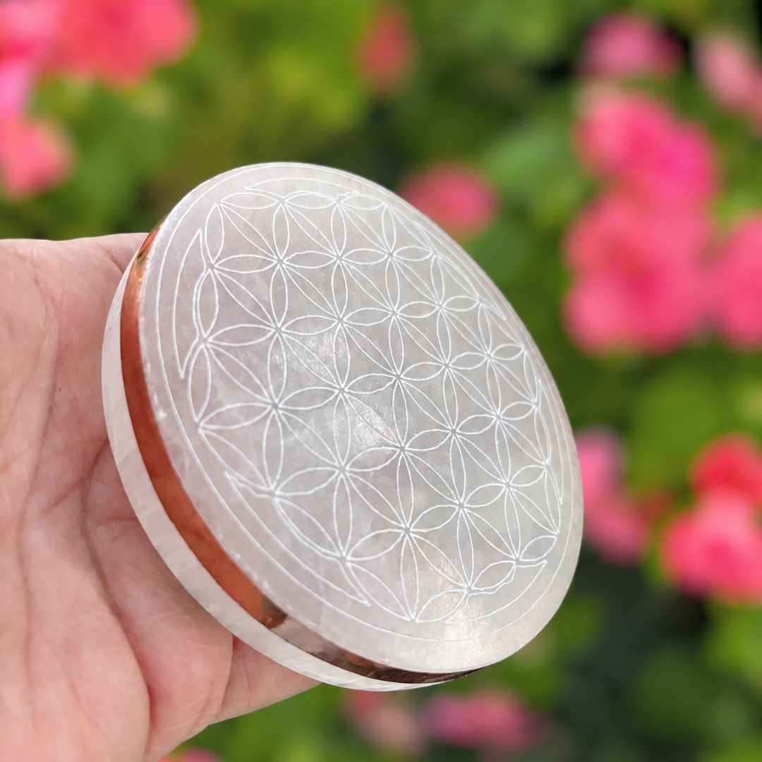 Copper-Infused Selenite Flower of Life Plate - Cleanse · Charge · Align