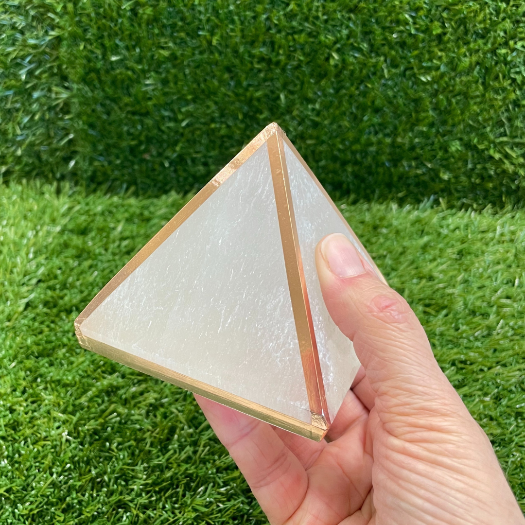 XL Copper-Infused Selenite Pyramid - Approx 3.25x3.25x2.75"