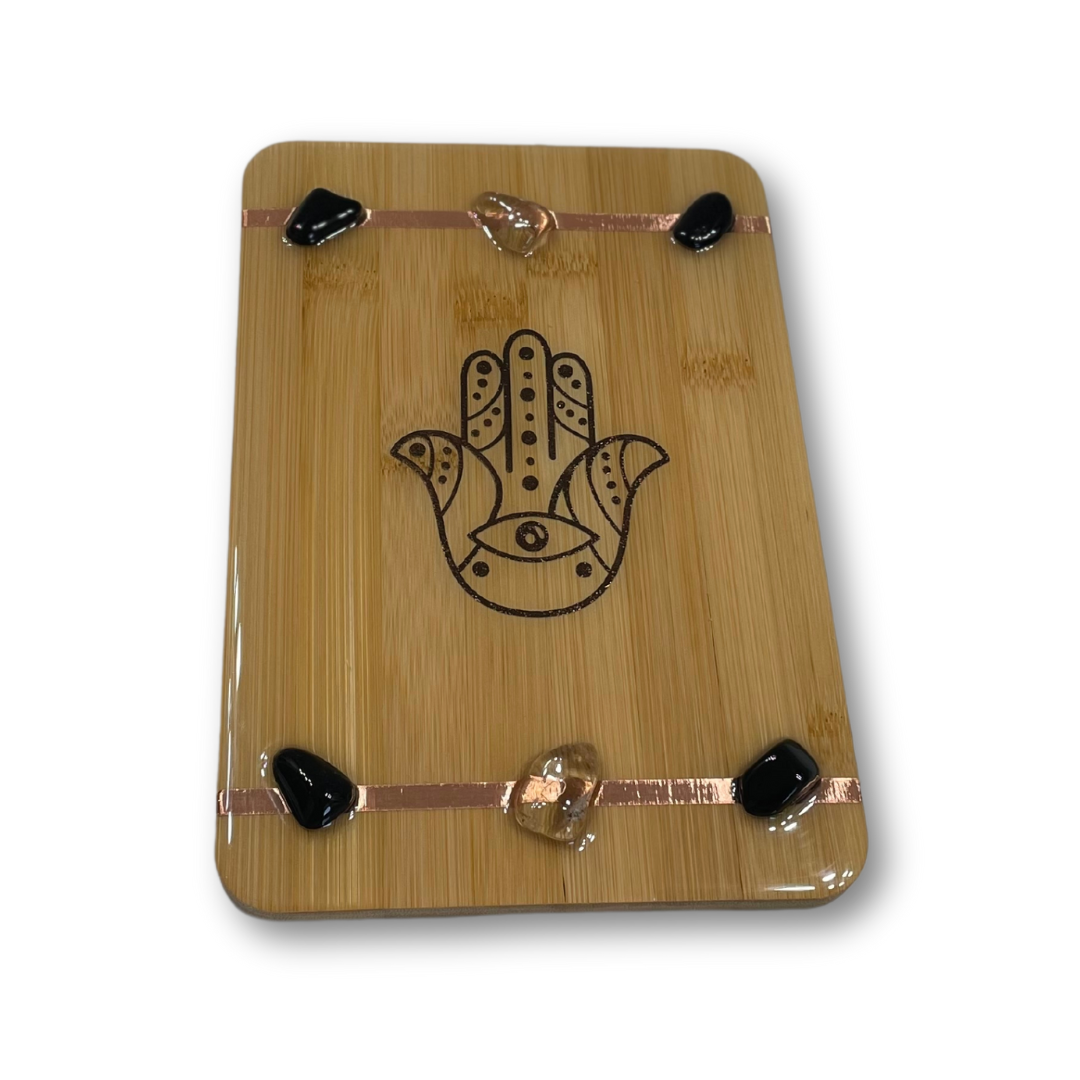 Hamsa and Crystals Bamboo Tray