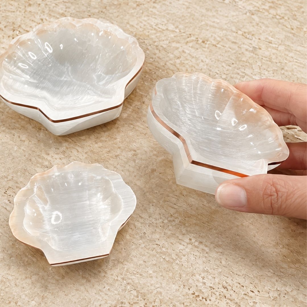 Copper-Infused Selenite Shell Bowl - Cleanse · Charge · Open