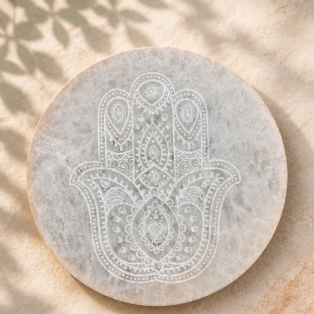 Copper-Infused Selenite Hamsa Plate - 4" - Protect · Cleanse · Charge