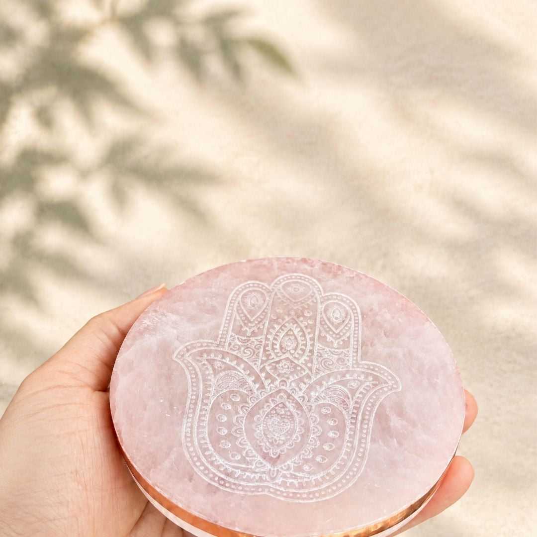Copper-Infused Selenite Hamsa Plate - 4" - Protect · Cleanse · Charge