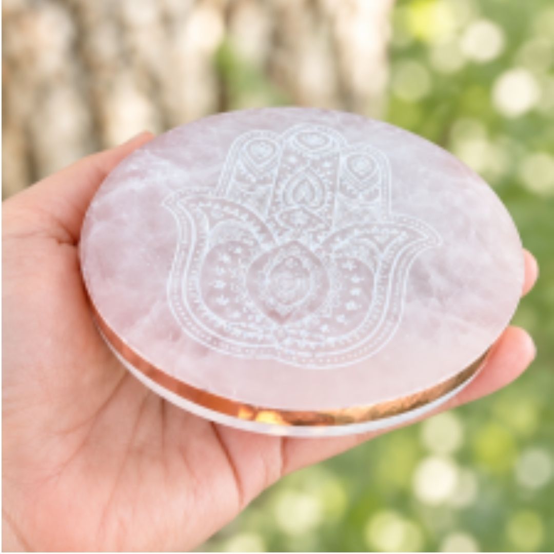 Copper-Infused Selenite Hamsa Plate - 4" - Protect · Cleanse · Charge