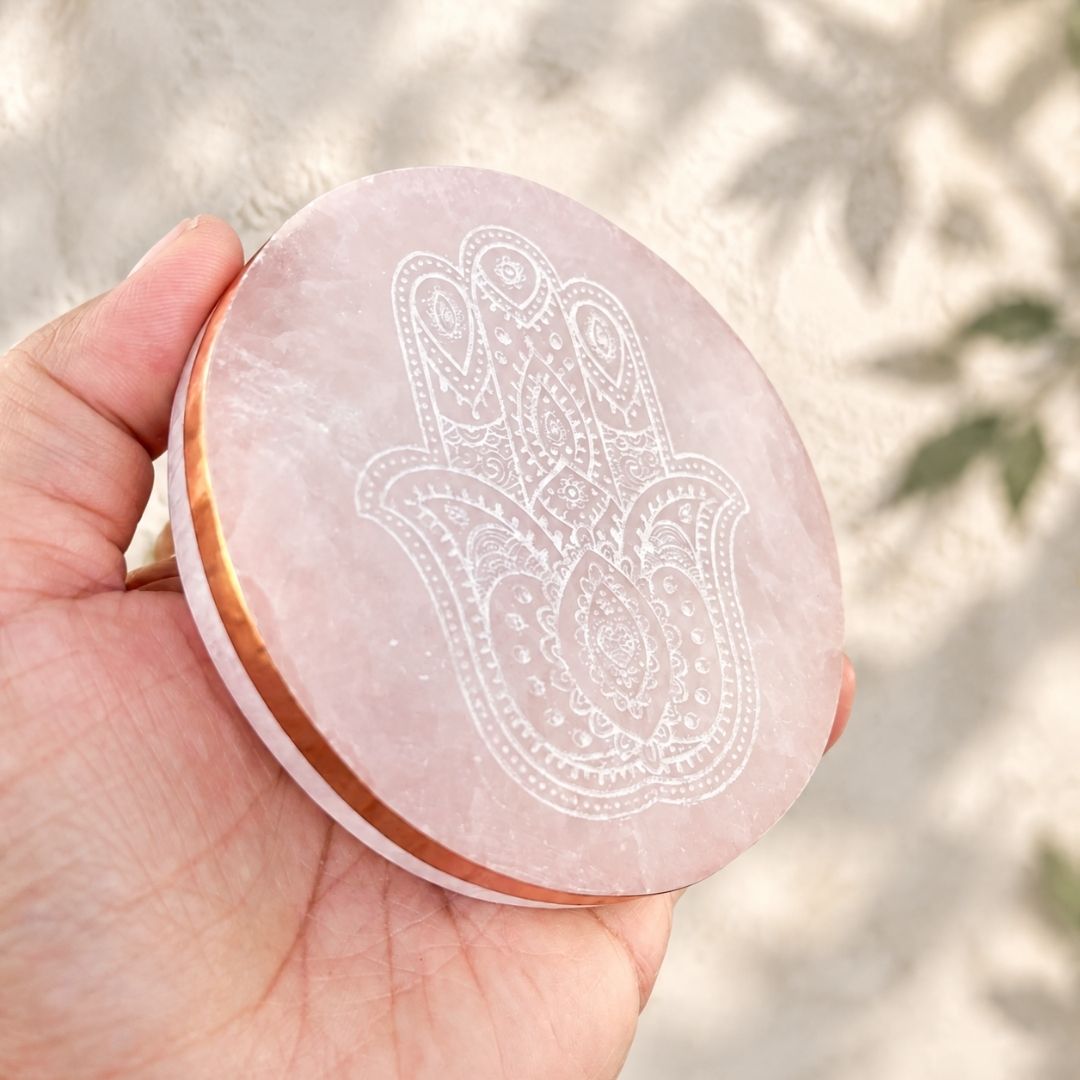 Copper-Infused Selenite Hamsa Plate - 4" - Protect · Cleanse · Charge