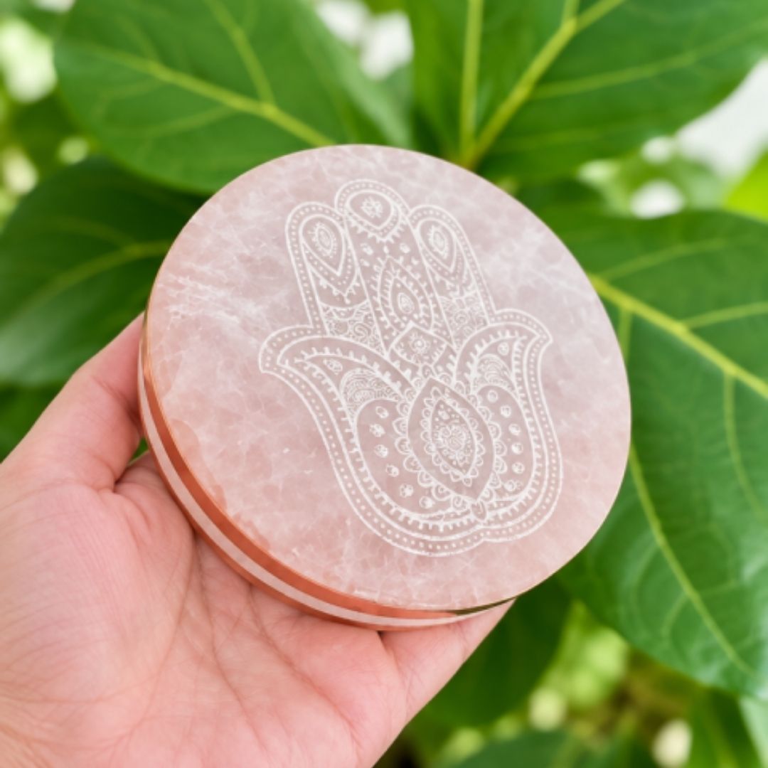 Copper-Infused Selenite Hamsa Plate - 4" - Protect · Cleanse · Charge