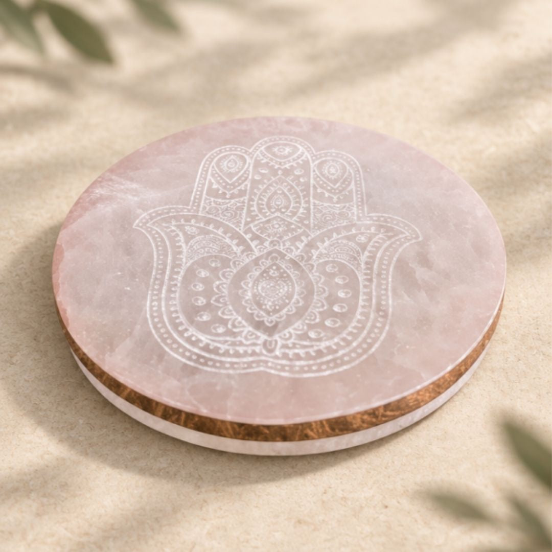 Copper-Infused Selenite Hamsa Plate - 4" - Protect · Cleanse · Charge
