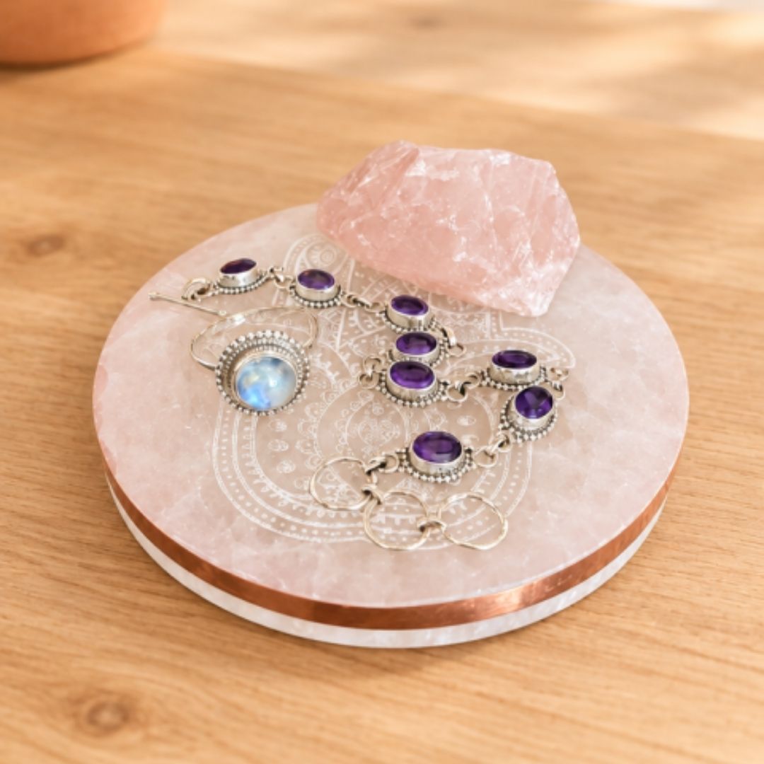 Copper-Infused Selenite Hamsa Plate - 4" - Protect · Cleanse · Charge