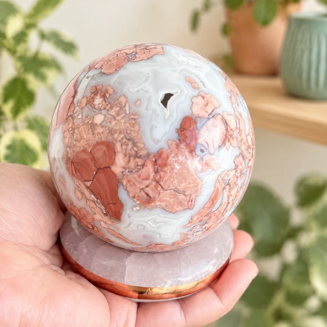 Copper-Infused Selenite Charging Sphere Stand | Crystal Holder & Display