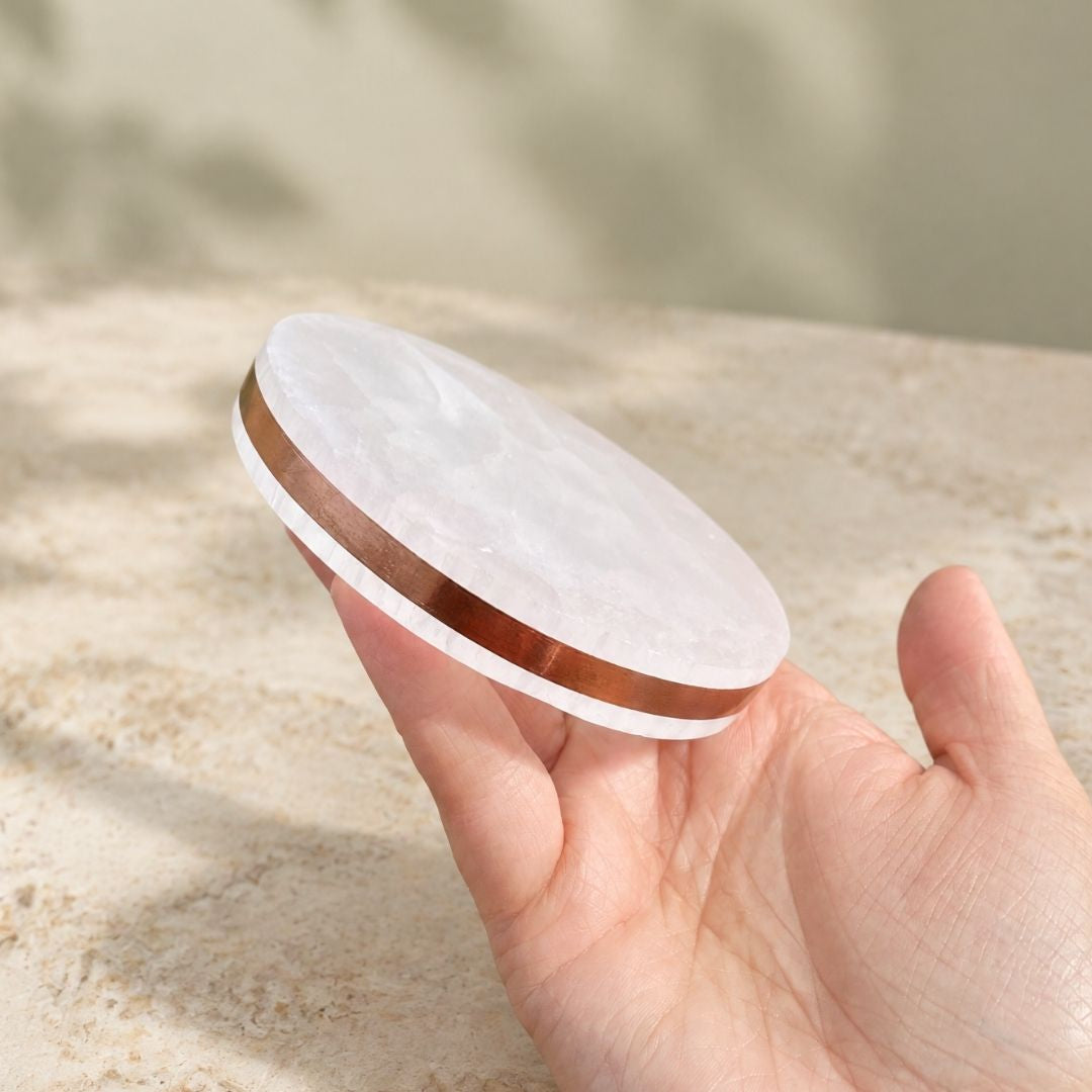 Copper-Infused Round Selenite Charging Plate (4")