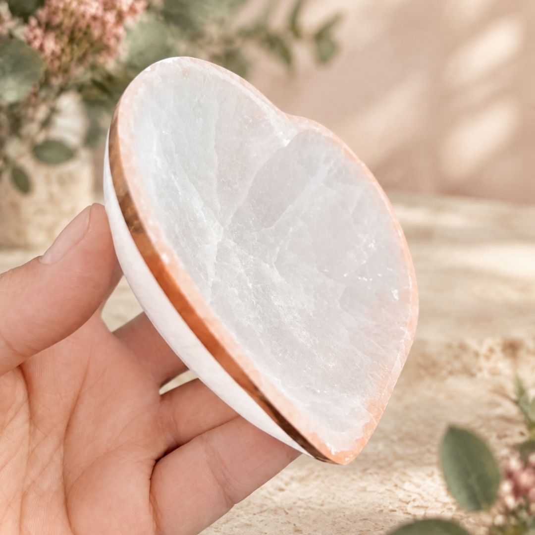 Copper-Infused Selenite Heart Bowl - 4"