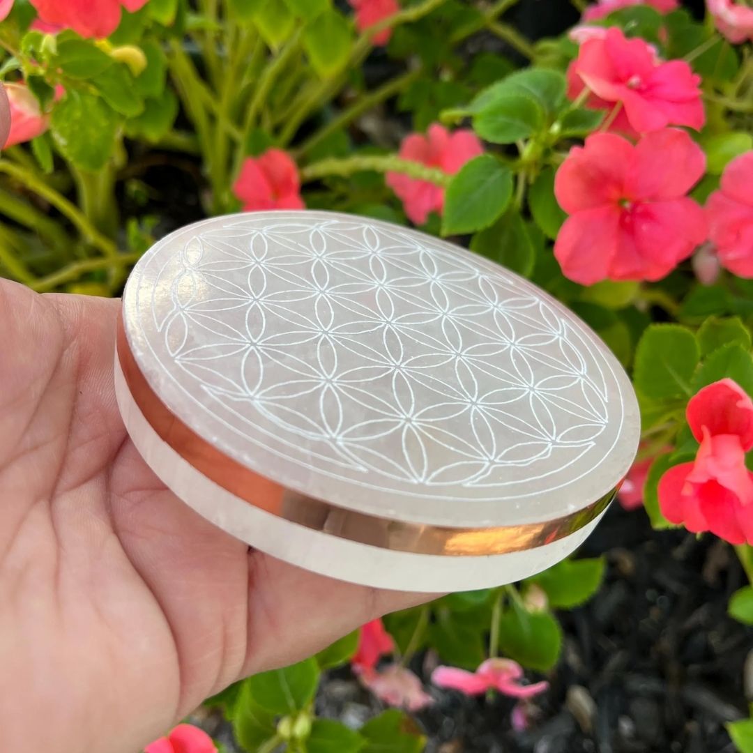 Copper-Infused Selenite Flower of Life Plate - Cleanse · Charge · Align