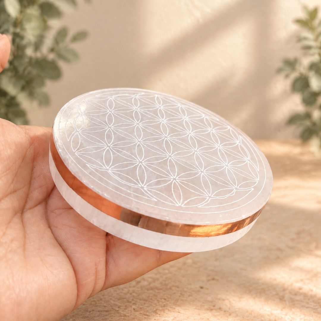 Copper-Infused Selenite Flower of Life Plate - Cleanse · Charge · Align