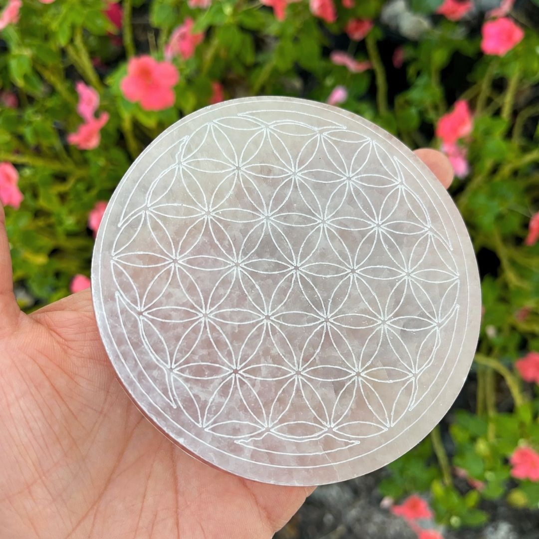 Copper-Infused Selenite Flower of Life Plate - Cleanse · Charge · Align