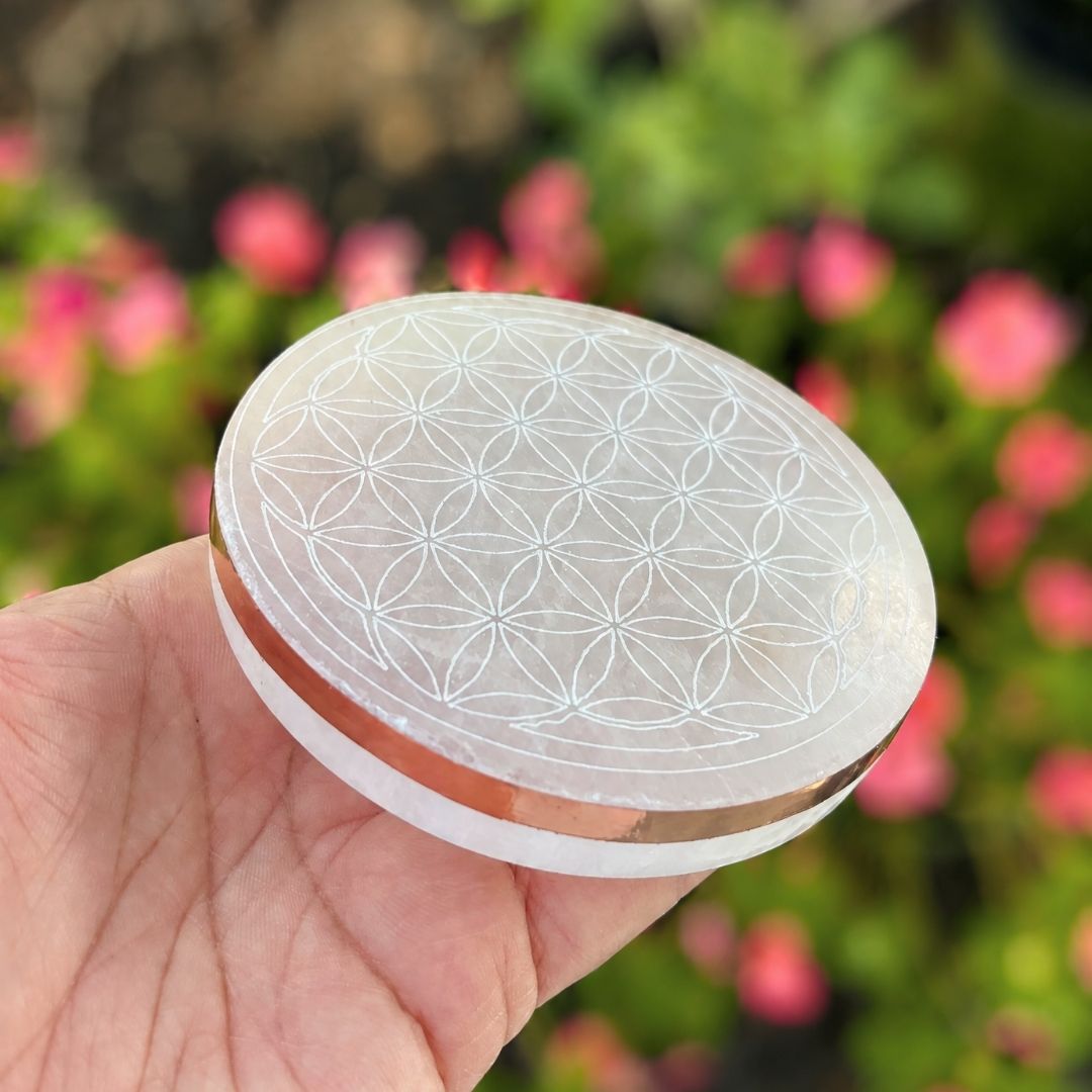 Copper-Infused Selenite Flower of Life Plate - Cleanse · Charge · Align