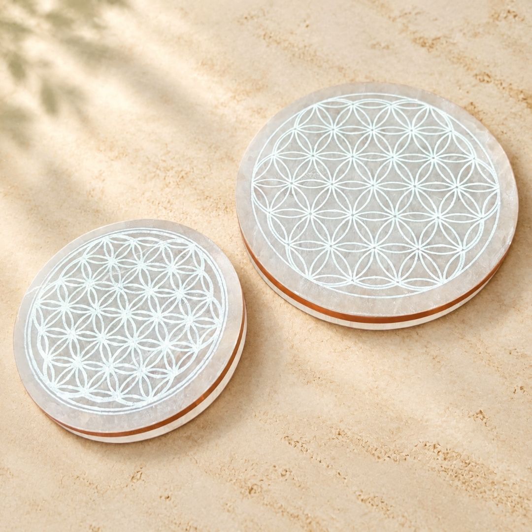 Copper-Infused Selenite Flower of Life Plate - Cleanse · Charge · Align