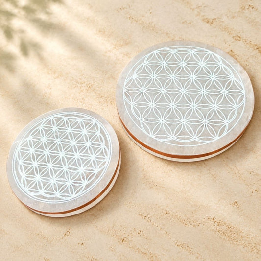 Copper-Infused Selenite Charging Plate | Engraved Crystal & Moon Phase Cleansing Disc (5.5–6")