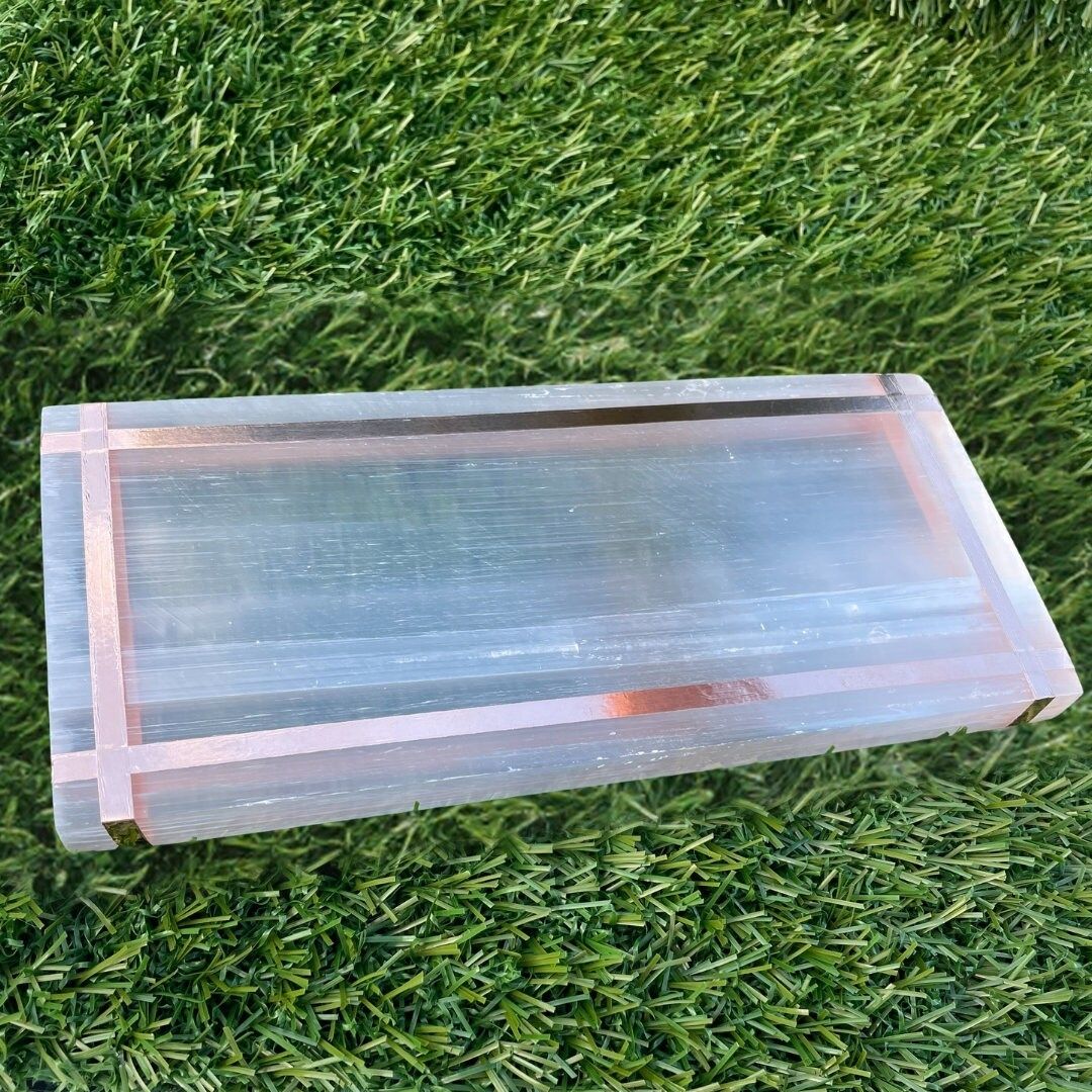 Copper-Infused Selenite Charging Plate - 8" x 3.5" - Cleanse · Charge · Lay out