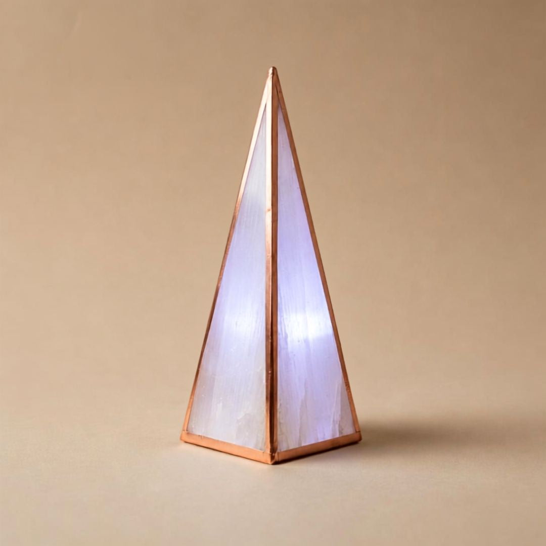 Copper Infused Selenite Pyramid (6") LED Lamp w/USB cable included: Healing Crystal Decor