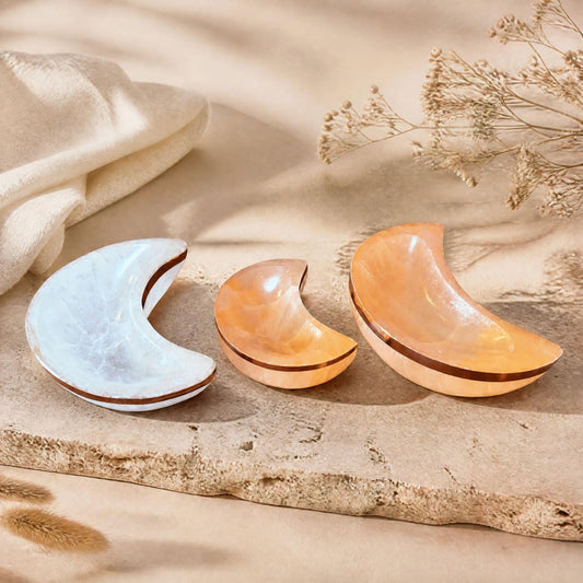 Copper-Infused Selenite Moon Bowl 2–4" | Charging Dish