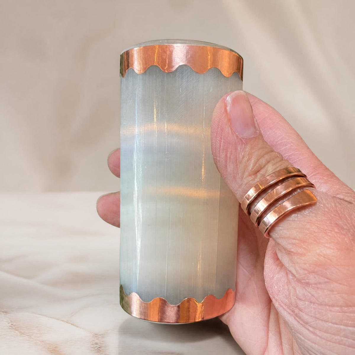 Copper-Infused Selenite Harmonizer Cylinder (2–3.75")