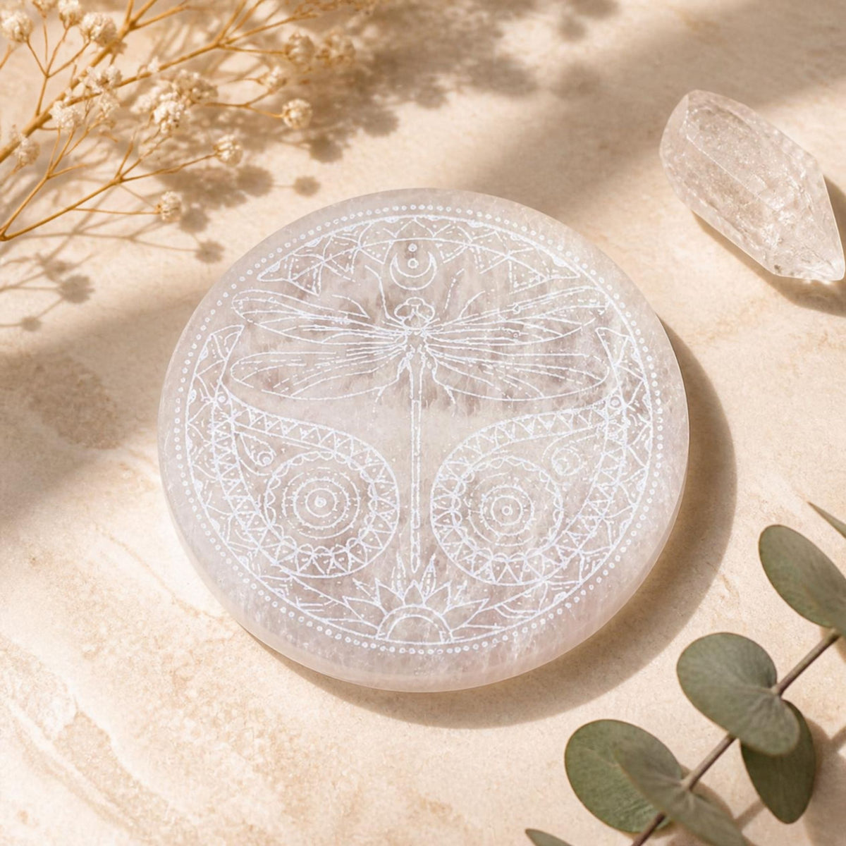 Copper-Infused Selenite Dragonfly Plate (Approx. 4")