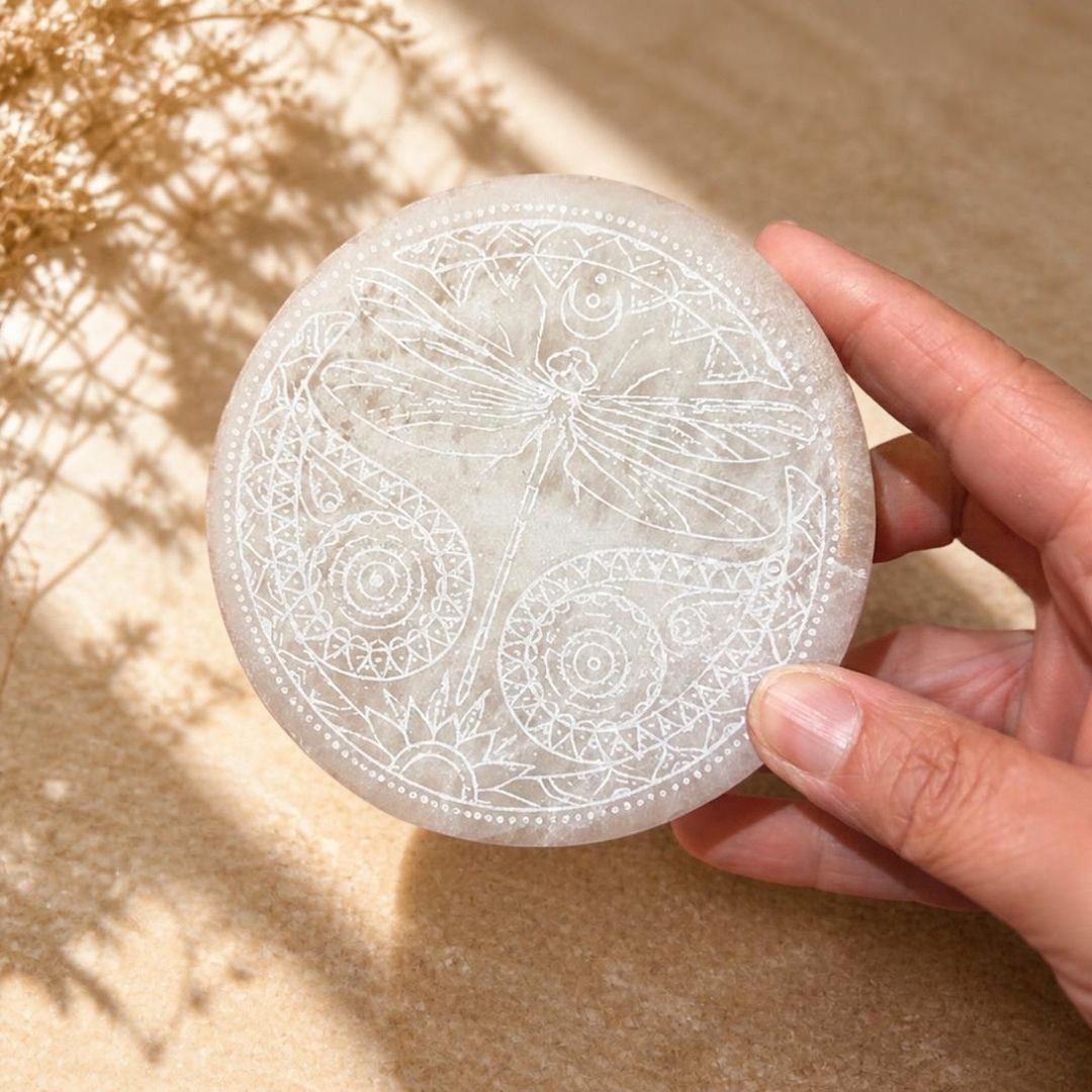 Copper-Infused Selenite Dragonfly Plate (Approx. 4")