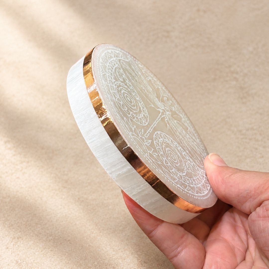 Copper-Infused Selenite Dragonfly Plate (Approx. 4")