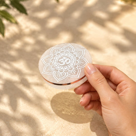 Copper-Infused Selenite Charging Plate OM (Approx. 2.75")
