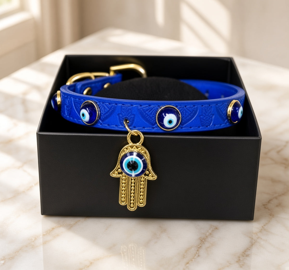 Evil Eye & Hand of Fatima Vegan Leather  Pet Collar – Small (Cat/Dog)