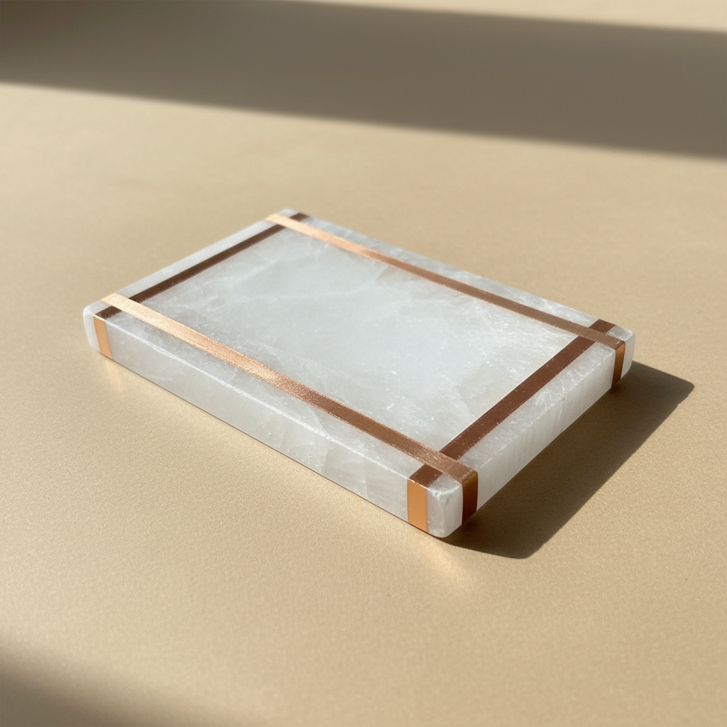 Close-up of natural grain and copper infusion on a copper-infused selenite charging plate